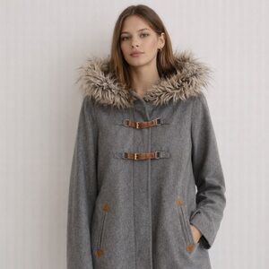 Anthropologie Cartonnier Gray Wool Duffle Coat Fur Hood Leather Toggles 6